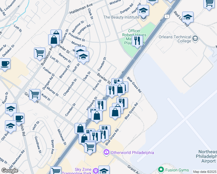 map of restaurants, bars, coffee shops, grocery stores, and more near 9720 Roosevelt Boulevard in Philadelphia