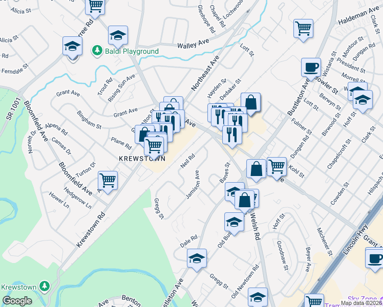map of restaurants, bars, coffee shops, grocery stores, and more near 9367 Neil Road in Philadelphia