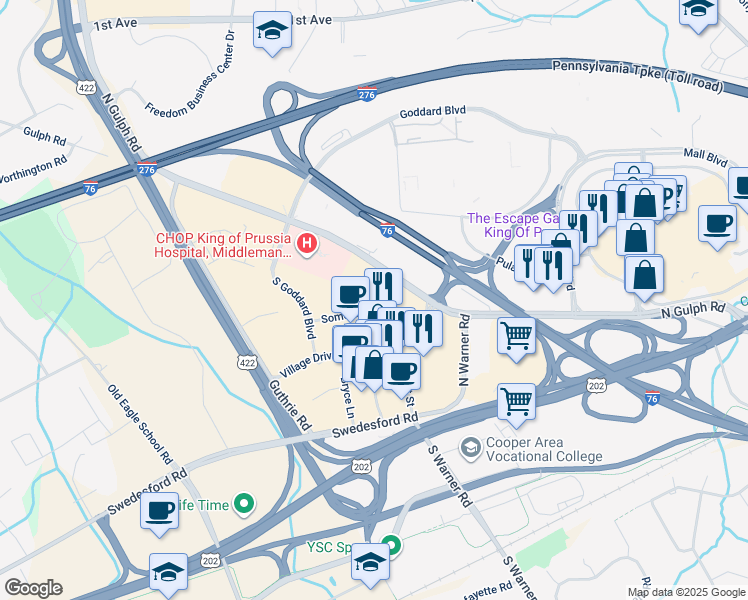 map of restaurants, bars, coffee shops, grocery stores, and more near 306 Lakeview Court in King of Prussia