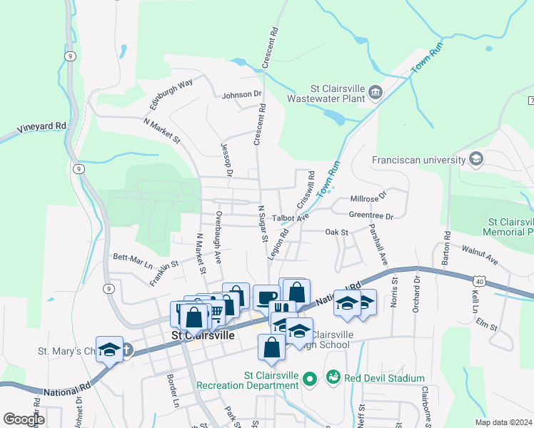 map of restaurants, bars, coffee shops, grocery stores, and more near 149 North Sugar Street in Saint Clairsville