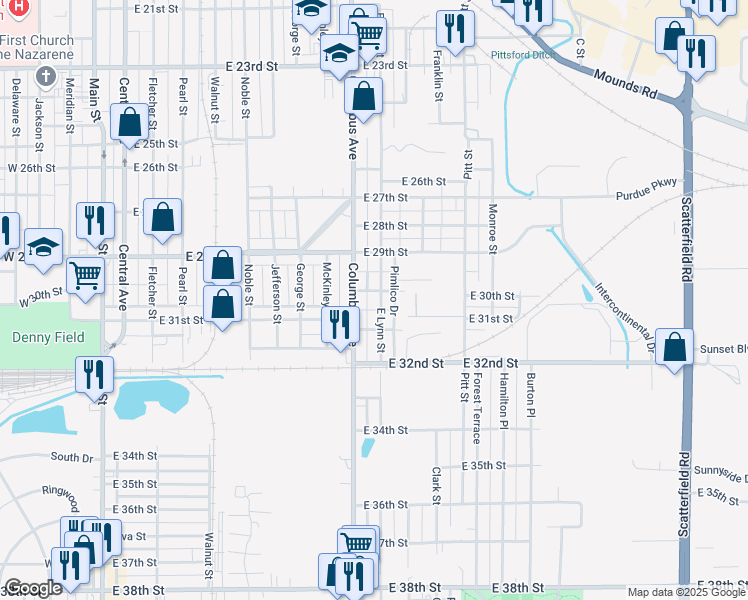 map of restaurants, bars, coffee shops, grocery stores, and more near 1007 East 30th Street in Anderson