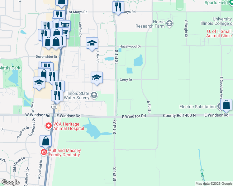 map of restaurants, bars, coffee shops, grocery stores, and more near in Champaign County