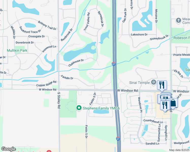 map of restaurants, bars, coffee shops, grocery stores, and more near 3302 Fields South Drive in Champaign