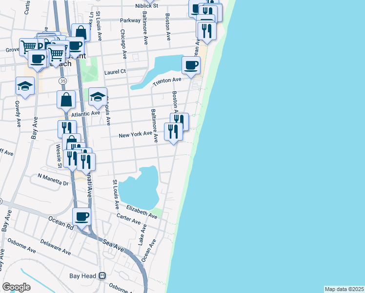 map of restaurants, bars, coffee shops, grocery stores, and more near 190 Beach Front in Point Pleasant Beach