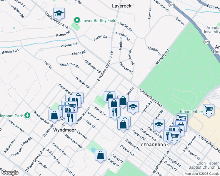 map of restaurants, bars, coffee shops, grocery stores, and more near 1413 East Pleasant Avenue in Wyndmoor