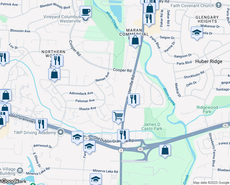 map of restaurants, bars, coffee shops, grocery stores, and more near 5538 Covert Drive in Columbus