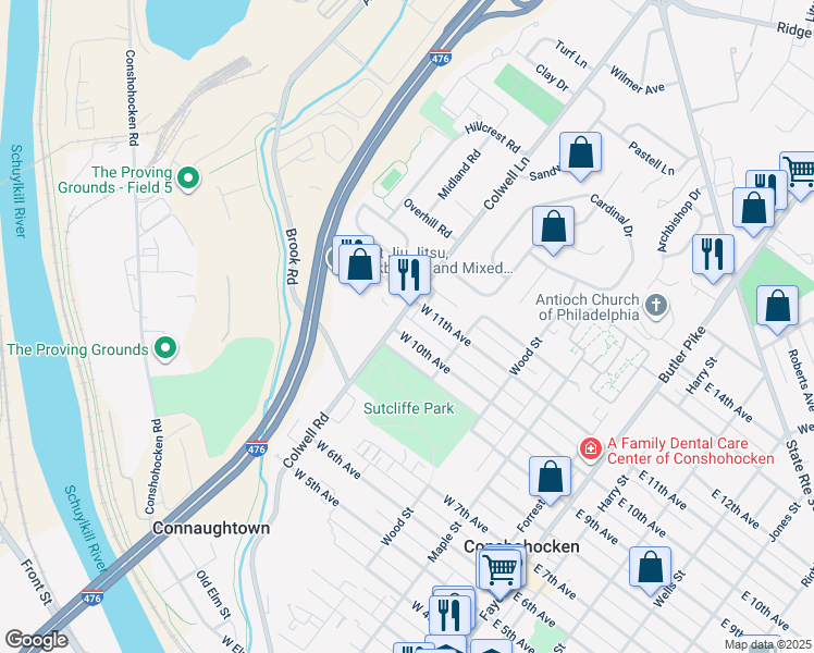 map of restaurants, bars, coffee shops, grocery stores, and more near 442 W 10th Ave in Conshohocken