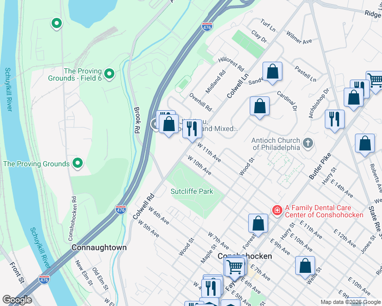 map of restaurants, bars, coffee shops, grocery stores, and more near 440 West 10th Avenue in Conshohocken
