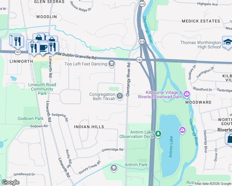 map of restaurants, bars, coffee shops, grocery stores, and more near 850 Middlebury Drive South in Worthington