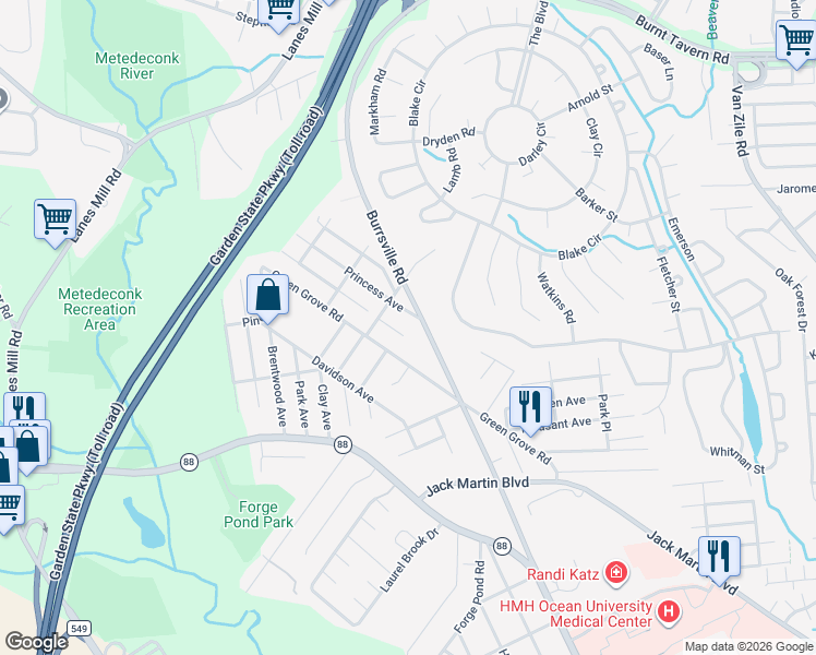 map of restaurants, bars, coffee shops, grocery stores, and more near 1466 Cedar Avenue in Brick Township