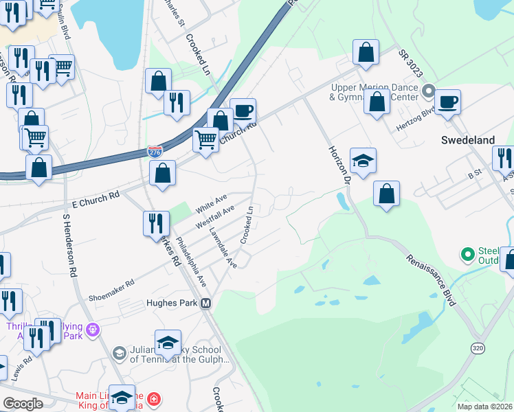 map of restaurants, bars, coffee shops, grocery stores, and more near 308 Winding Way in King of Prussia