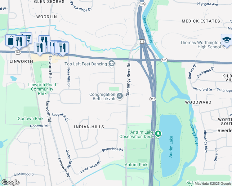 map of restaurants, bars, coffee shops, grocery stores, and more near 850 Middlebury Drive South in Worthington