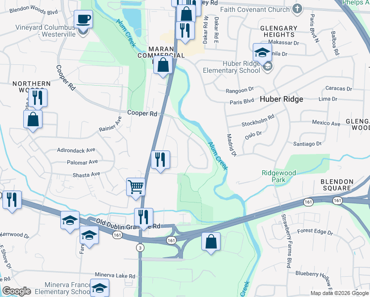 map of restaurants, bars, coffee shops, grocery stores, and more near 5541 Cedardale Drive in Westerville