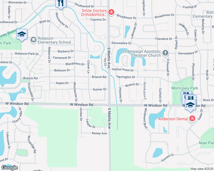 map of restaurants, bars, coffee shops, grocery stores, and more near 2306 Osage Court in Champaign