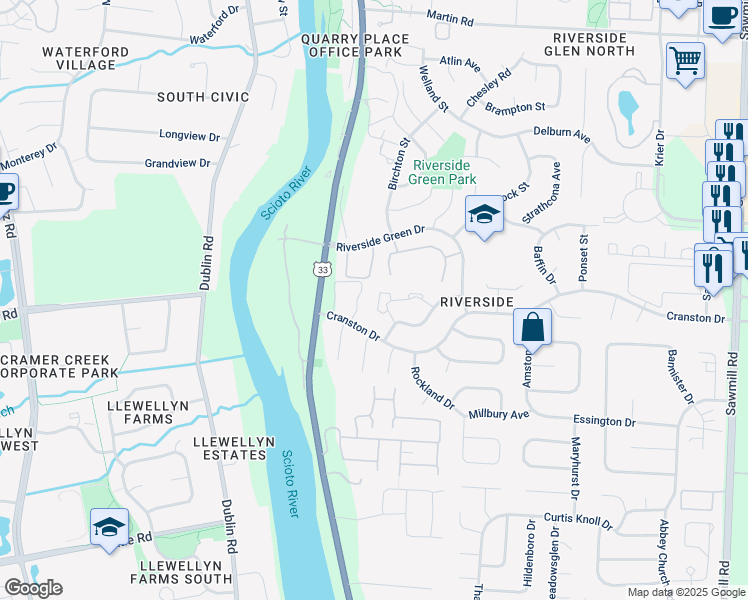 map of restaurants, bars, coffee shops, grocery stores, and more near 6439 Brookedge Court in Dublin