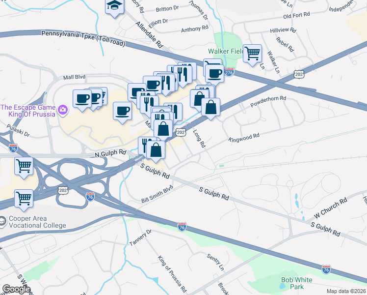 map of restaurants, bars, coffee shops, grocery stores, and more near 128A Wilson Road in King of Prussia