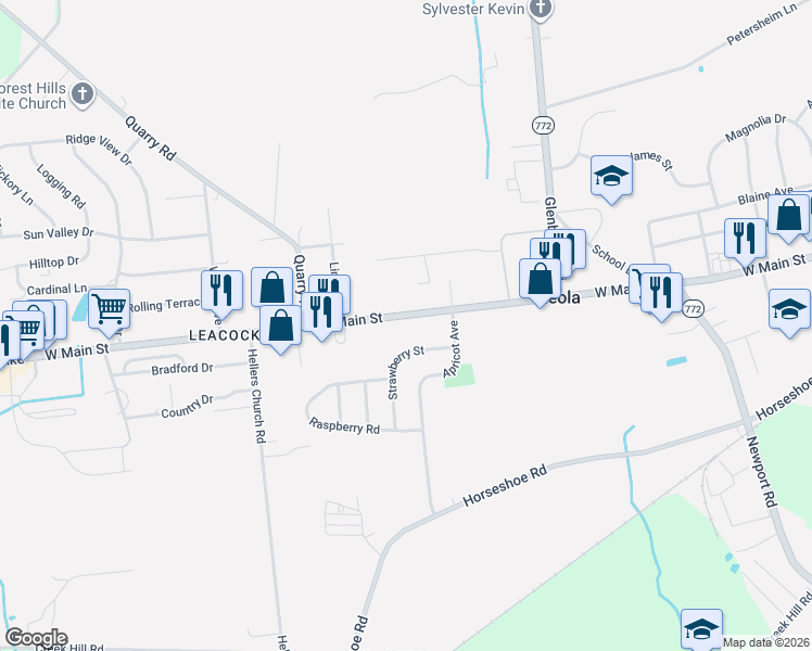map of restaurants, bars, coffee shops, grocery stores, and more near 210 West Main Street in Leacock-Leola-Bareville