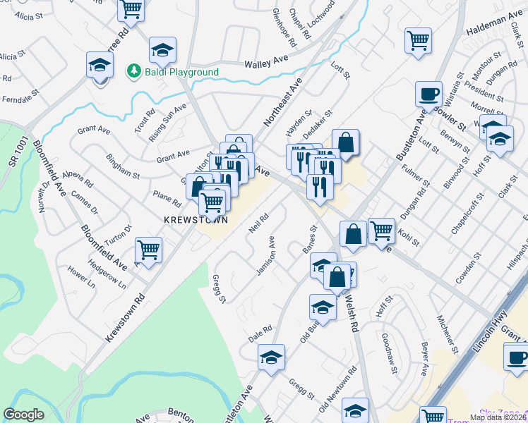 map of restaurants, bars, coffee shops, grocery stores, and more near 9367 Neil Road in Philadelphia