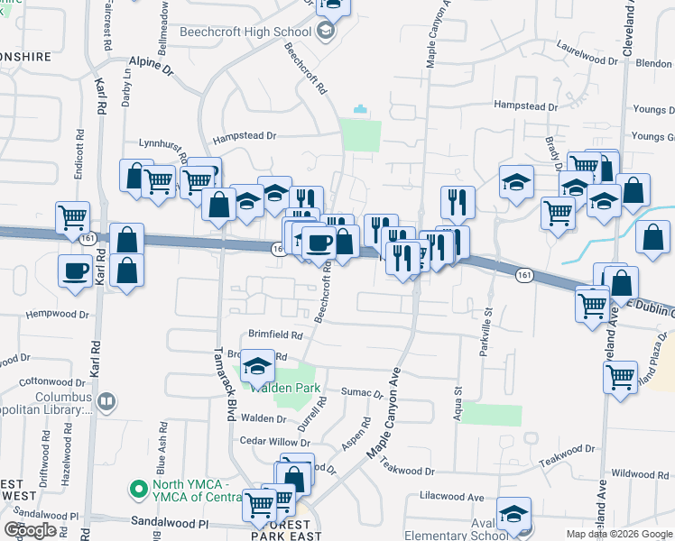 map of restaurants, bars, coffee shops, grocery stores, and more near 2001 East Dublin Granville Road in Columbus