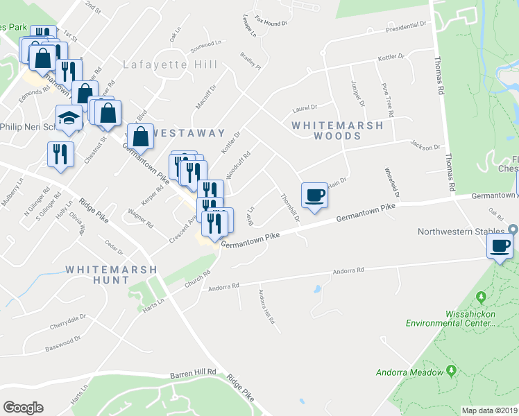 map of restaurants, bars, coffee shops, grocery stores, and more near 4008 Briar Lane in Lafayette Hill