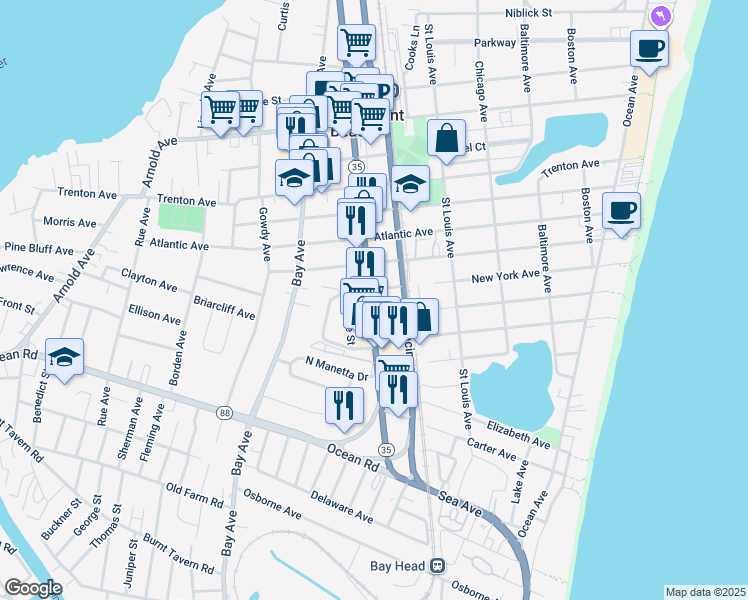 map of restaurants, bars, coffee shops, grocery stores, and more near 1104 Richmond Avenue in Point Pleasant Beach