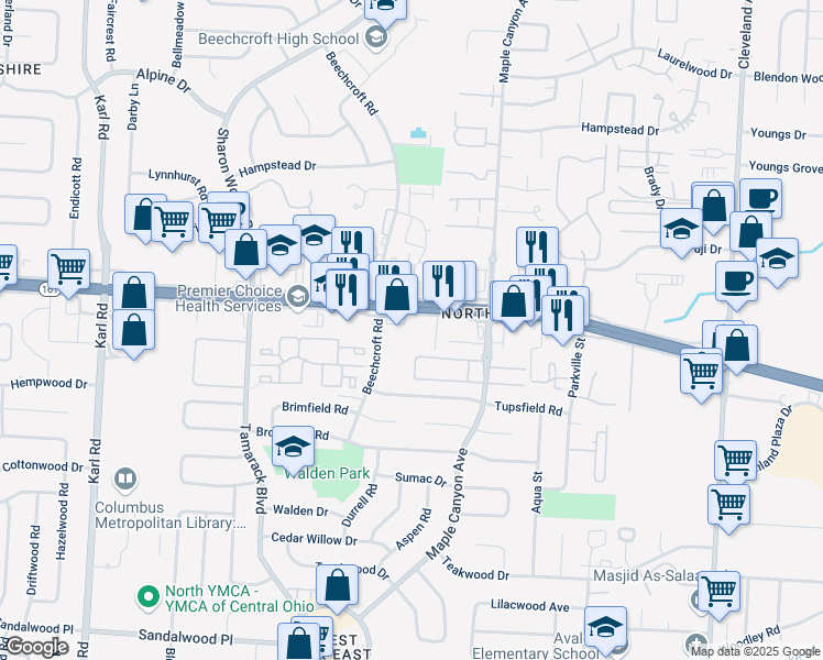 map of restaurants, bars, coffee shops, grocery stores, and more near 2015 East Dublin Granville Road in Columbus