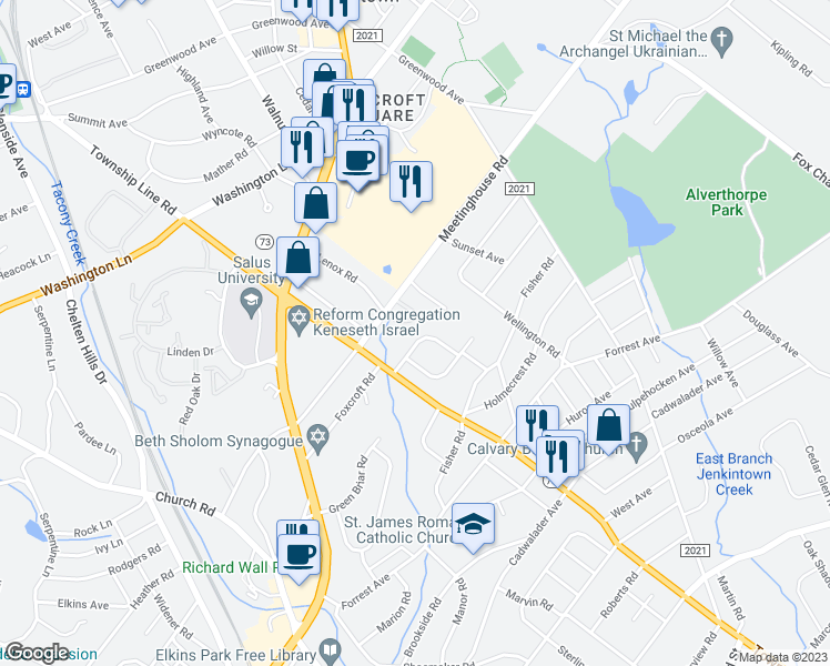 map of restaurants, bars, coffee shops, grocery stores, and more near 134 Cardinal Road in Jenkintown
