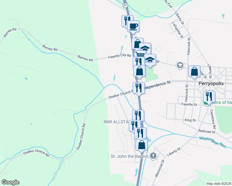 map of restaurants, bars, coffee shops, grocery stores, and more near 140 Quaker Church Rd in Perryopolis