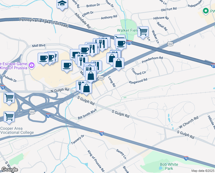 map of restaurants, bars, coffee shops, grocery stores, and more near 128A Wilson Road in King of Prussia