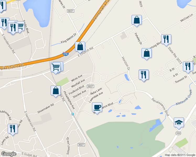 map of restaurants, bars, coffee shops, grocery stores, and more near 308 Winding Way in King of Prussia