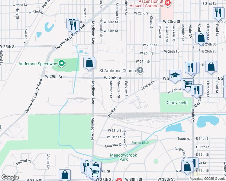 map of restaurants, bars, coffee shops, grocery stores, and more near 3008 Sherman Street in Anderson
