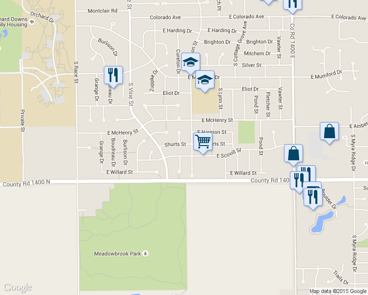 map of restaurants, bars, coffee shops, grocery stores, and more near 603 East Shurts Street in Urbana