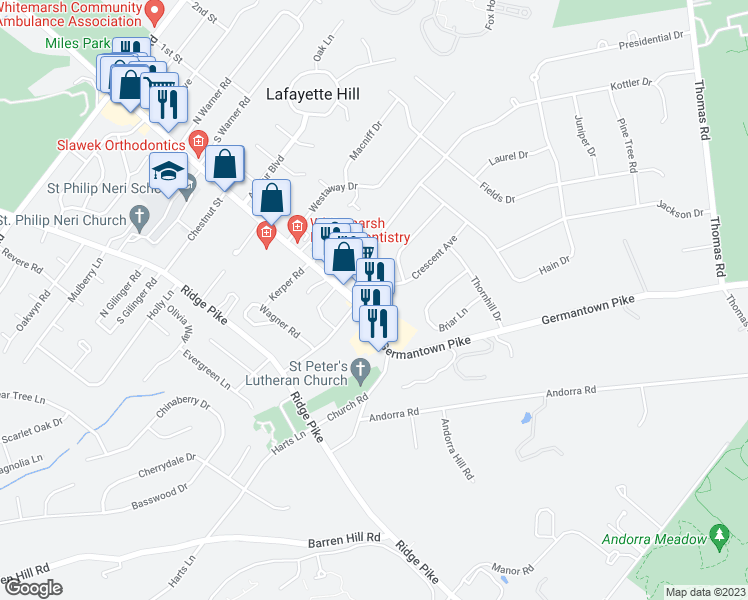 map of restaurants, bars, coffee shops, grocery stores, and more near 4002 Crescent Avenue in Lafayette Hill