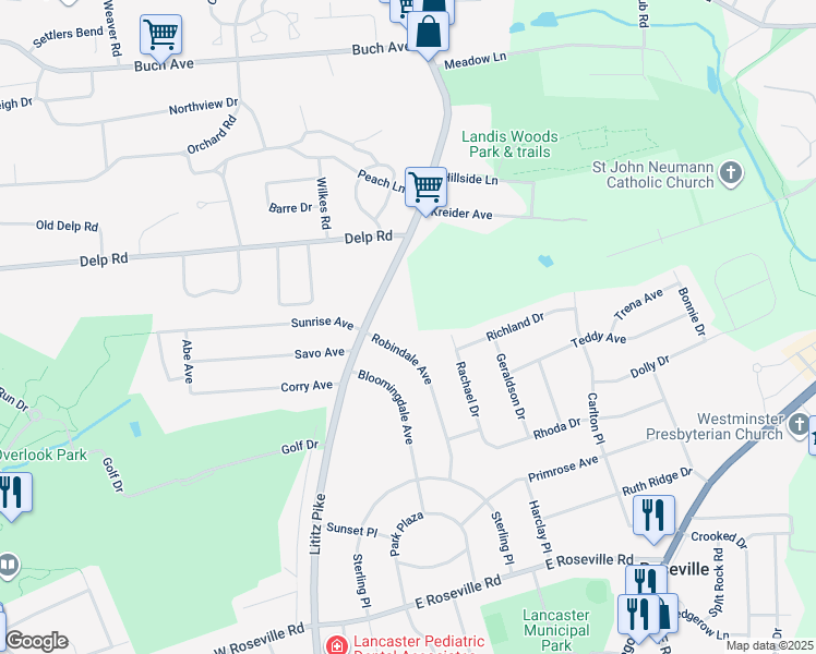 map of restaurants, bars, coffee shops, grocery stores, and more near 25 Stonegate Crossing in Lancaster