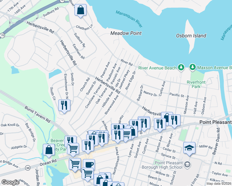 map of restaurants, bars, coffee shops, grocery stores, and more near 3202 Herbertsville Road in Point Pleasant