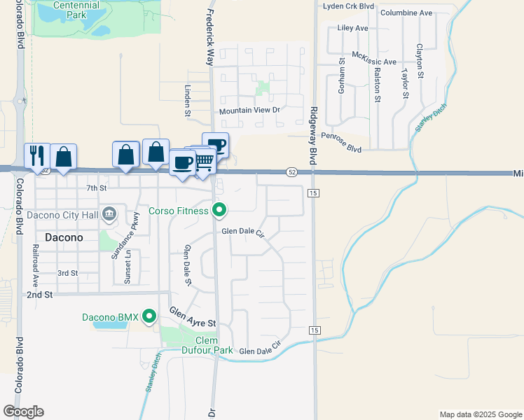 map of restaurants, bars, coffee shops, grocery stores, and more near 1114 Mac Davidson Circle in Dacono