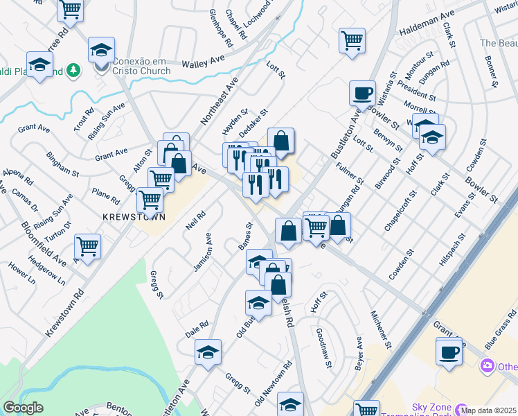map of restaurants, bars, coffee shops, grocery stores, and more near 1689 Grant Avenue in Philadelphia