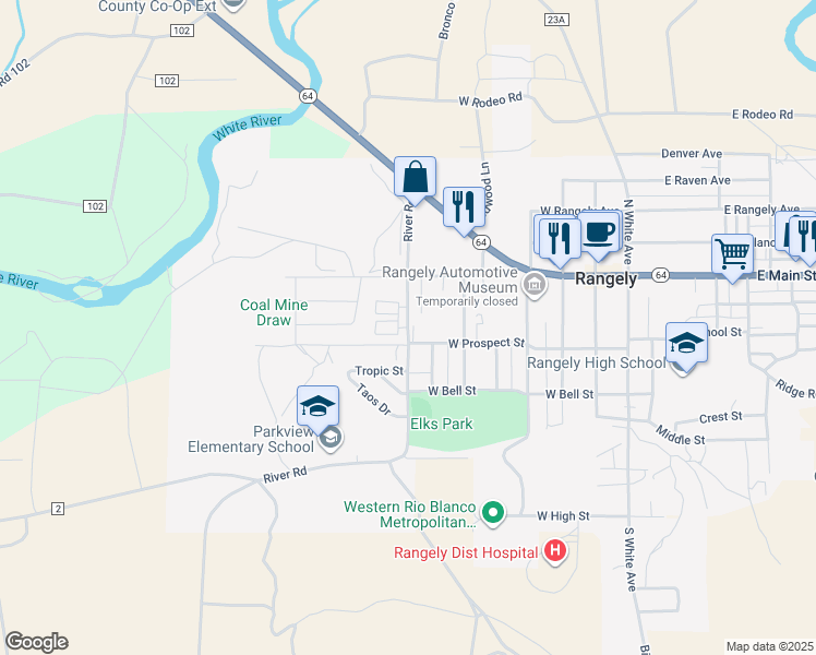 map of restaurants, bars, coffee shops, grocery stores, and more near County Highway 2 in Rangely