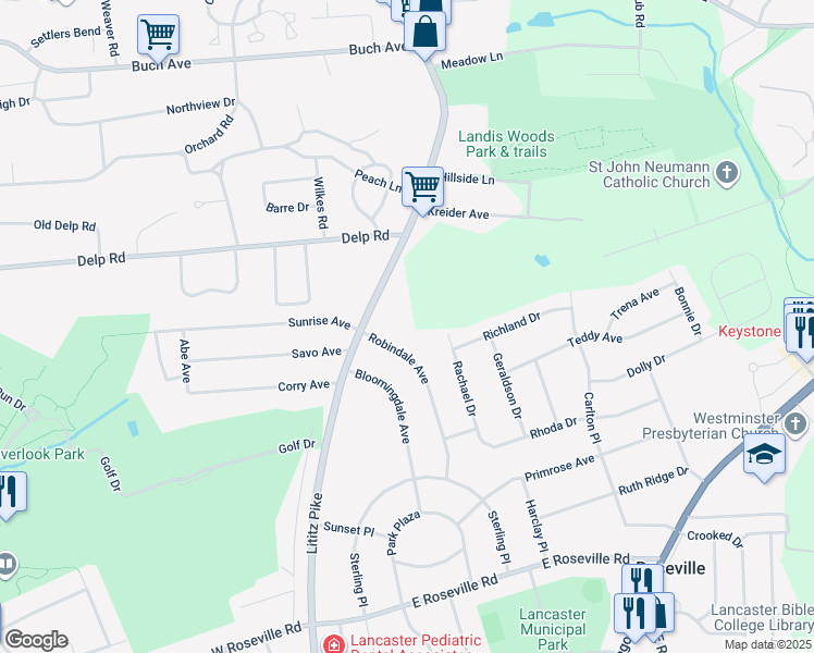 map of restaurants, bars, coffee shops, grocery stores, and more near 25 Stonegate Crossing in Lancaster