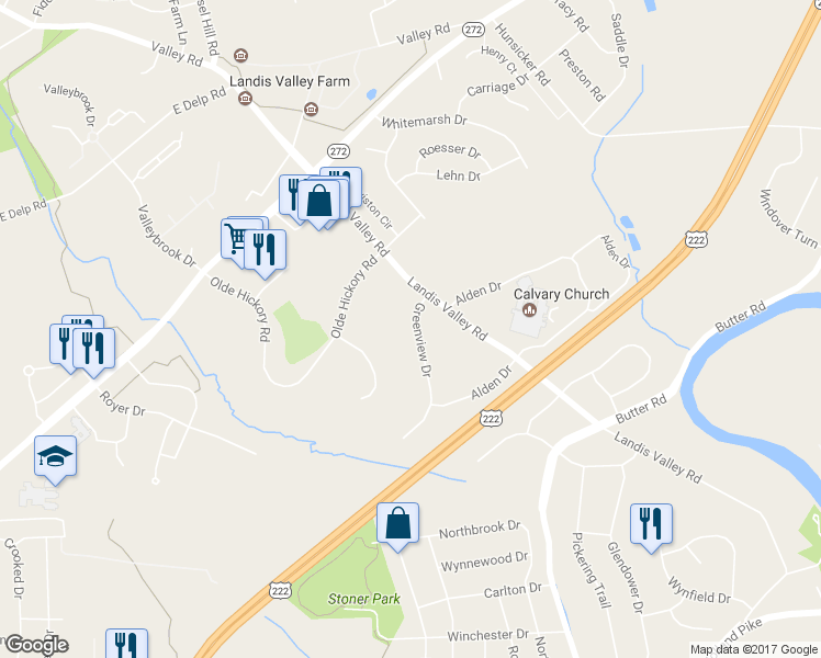 map of restaurants, bars, coffee shops, grocery stores, and more near 123 Greenview Dr in Lancaster