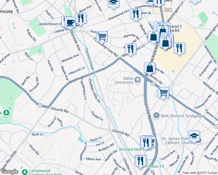 map of restaurants, bars, coffee shops, grocery stores, and more near 252 Ironwood Circle in Elkins Park