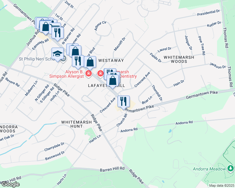 map of restaurants, bars, coffee shops, grocery stores, and more near 4002 Crescent Avenue in Lafayette Hill