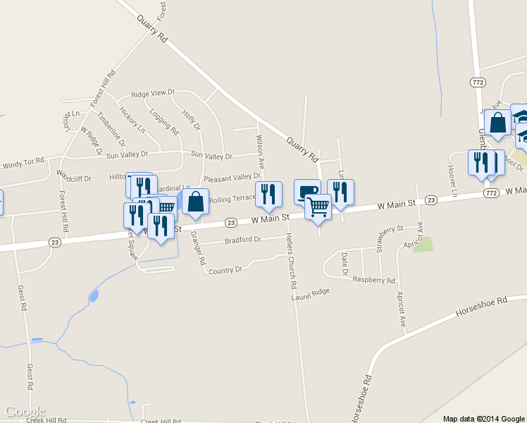 map of restaurants, bars, coffee shops, grocery stores, and more near 295 West Main Street in Leacock-Leola-Bareville