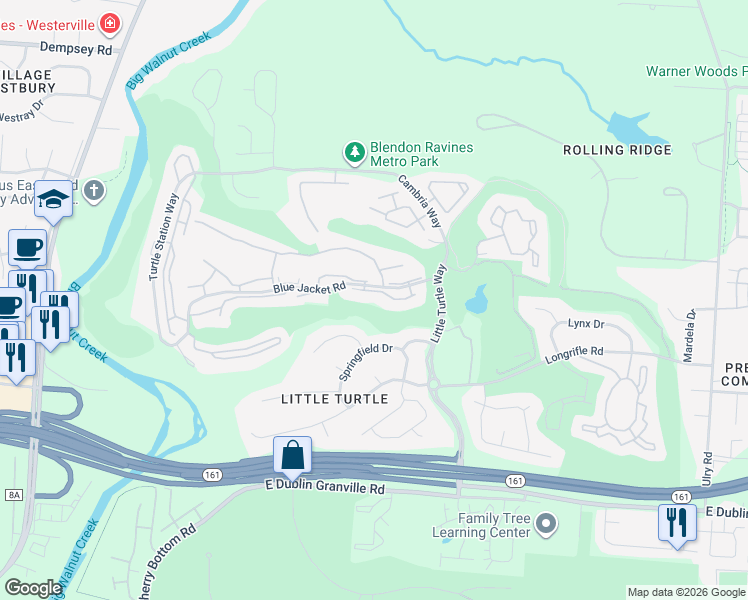 map of restaurants, bars, coffee shops, grocery stores, and more near 5005 Chuckleberry Lane in Westerville