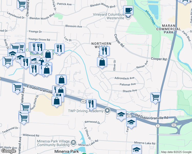 map of restaurants, bars, coffee shops, grocery stores, and more near 5601 Little Ben Circle in Columbus