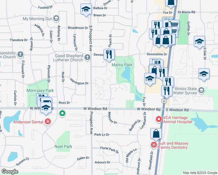 map of restaurants, bars, coffee shops, grocery stores, and more near 2121 Melrose Drive in Champaign