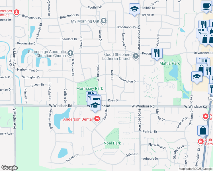 map of restaurants, bars, coffee shops, grocery stores, and more near 2209 Galen Drive in Champaign