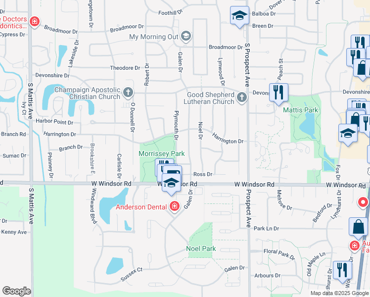 map of restaurants, bars, coffee shops, grocery stores, and more near 2209 Galen Drive in Champaign