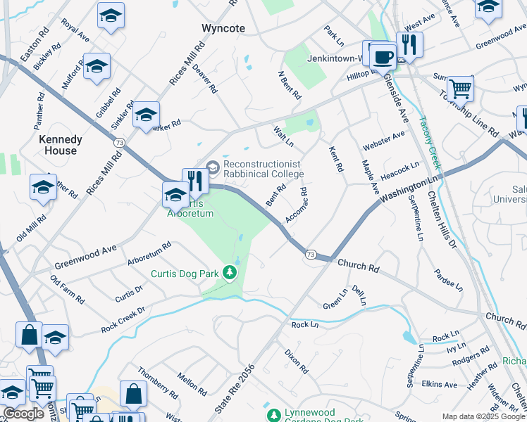 map of restaurants, bars, coffee shops, grocery stores, and more near 1201 Church Road in Wyncote