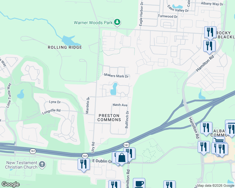map of restaurants, bars, coffee shops, grocery stores, and more near 5748 Grackle Lane in Westerville